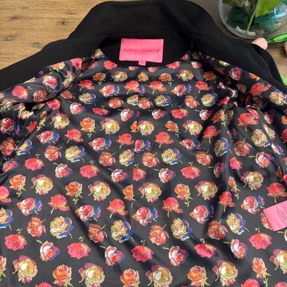 Betsey Johnson Black Wool Blend Swing Coat Jacket | Floral Rose Lining High Neck - Picture 8 of 16